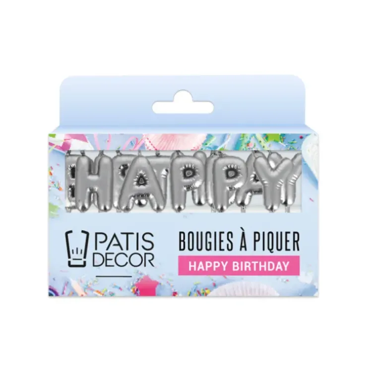 Cerf Dellier Bougies à piquer "Happy Birthday" argentées