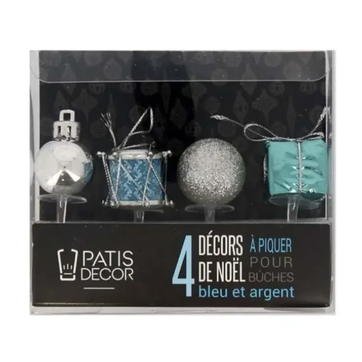 Cerf Dellier Décors de Noël assortis bleu argent sur pique (x4) New